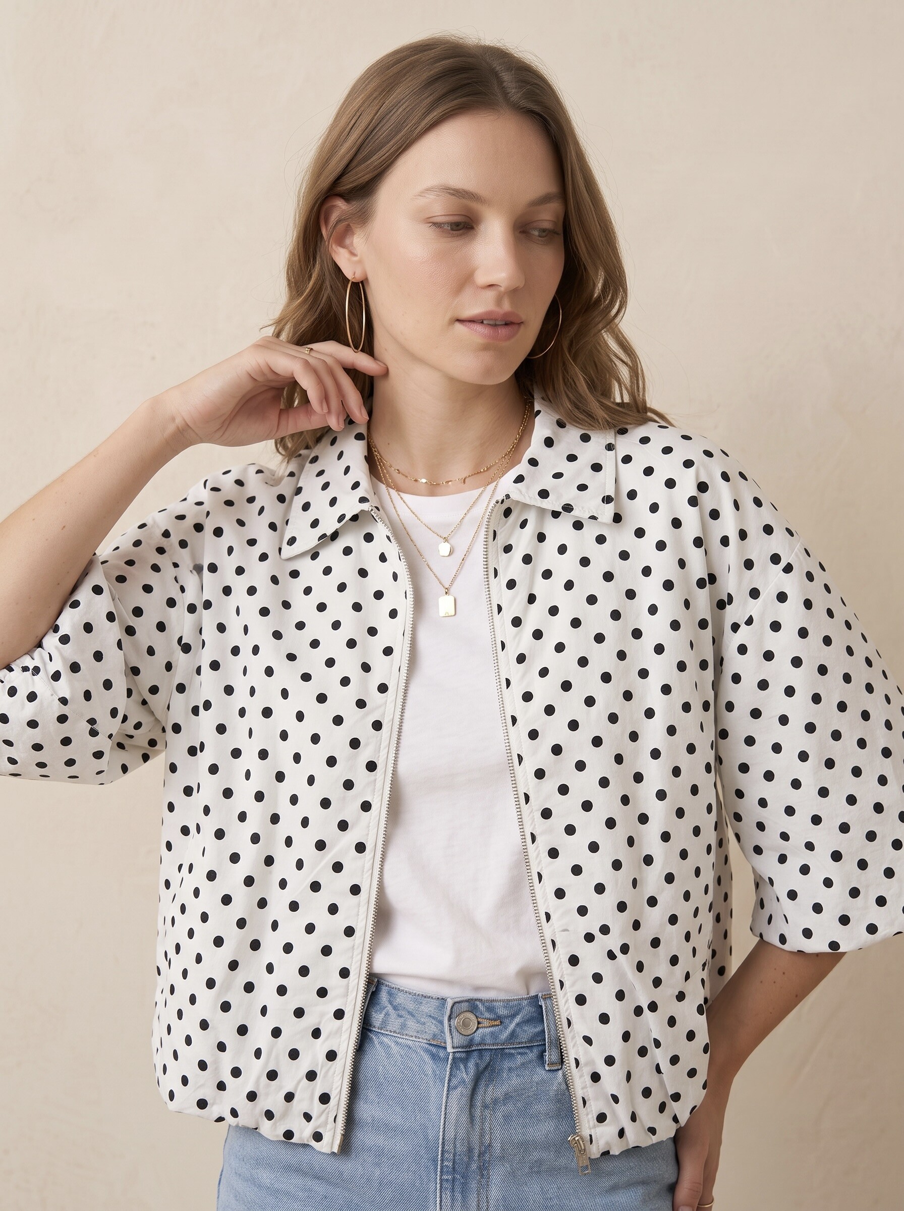 Grossiste Pépouz' Paris - Veste courte à pois col chemise manches 3/4 oversize coton