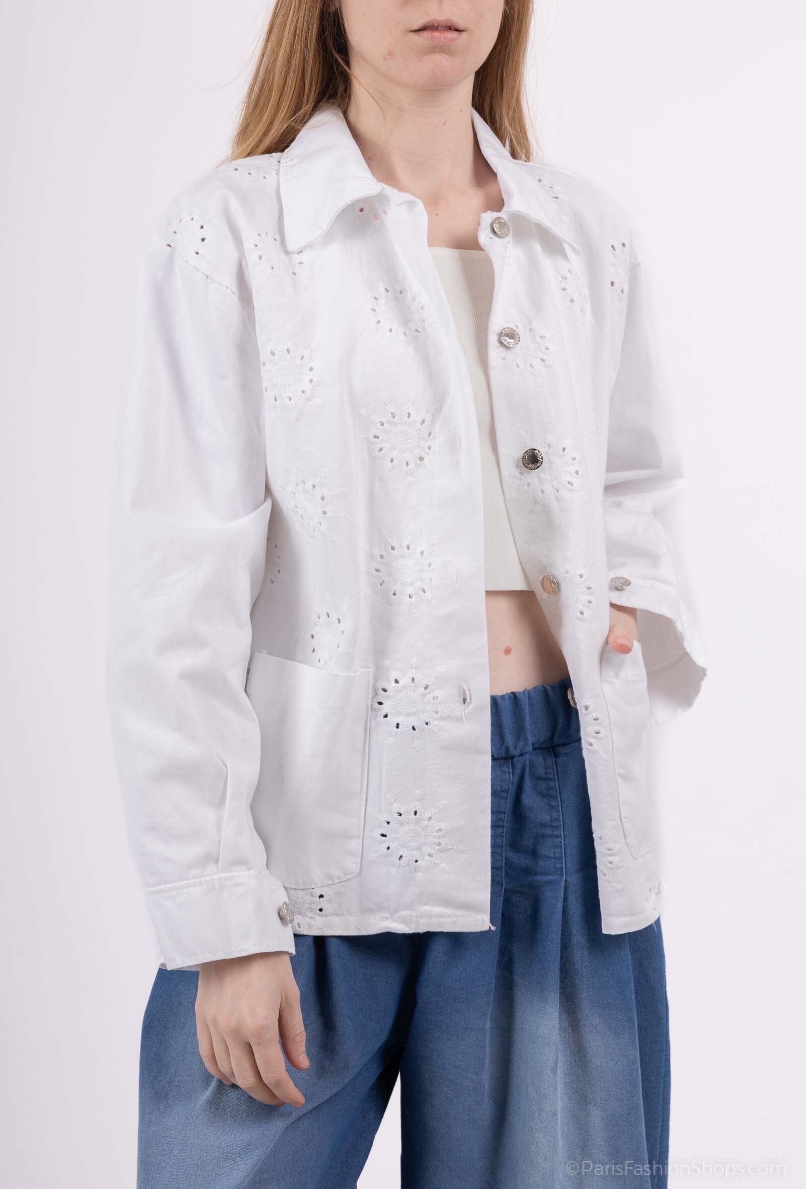 Grossiste Pépouz' Paris - Veste en denim delavé et brodée fleurs