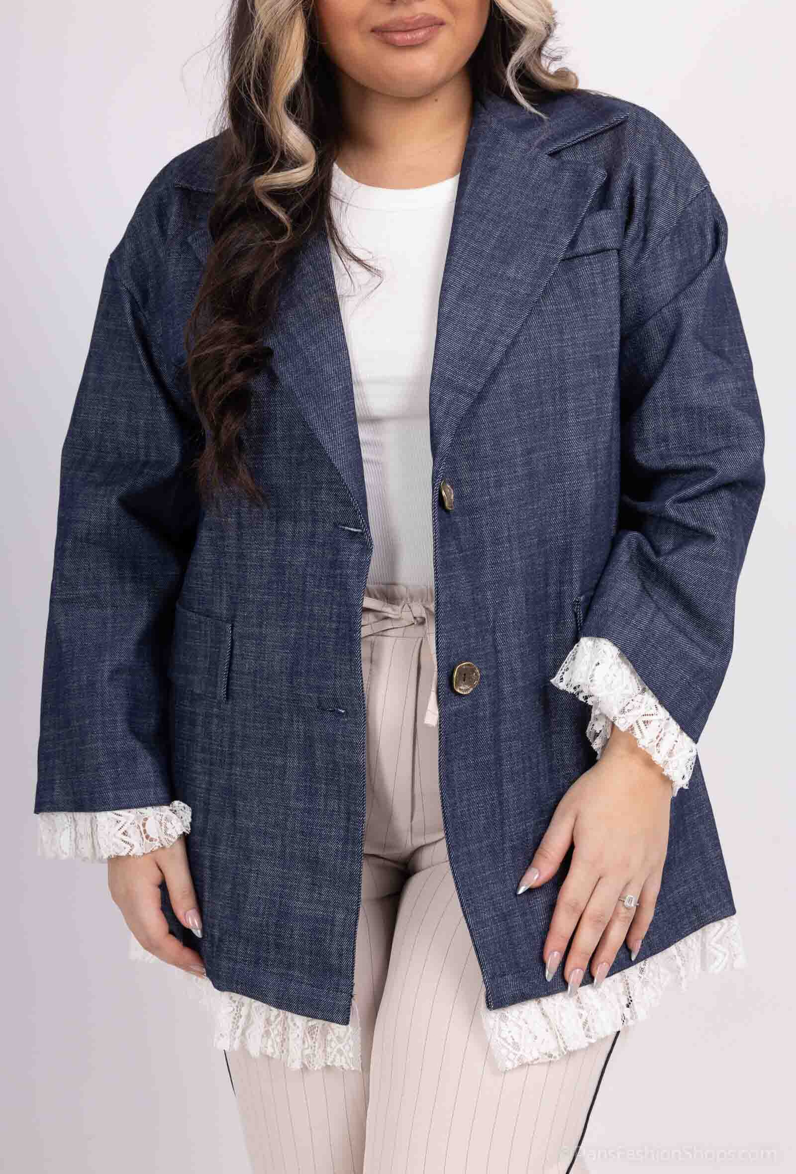 Grossiste Pépouz' Paris - GRANDE TAILLE Blazer 100% coton en denim avec dentelle