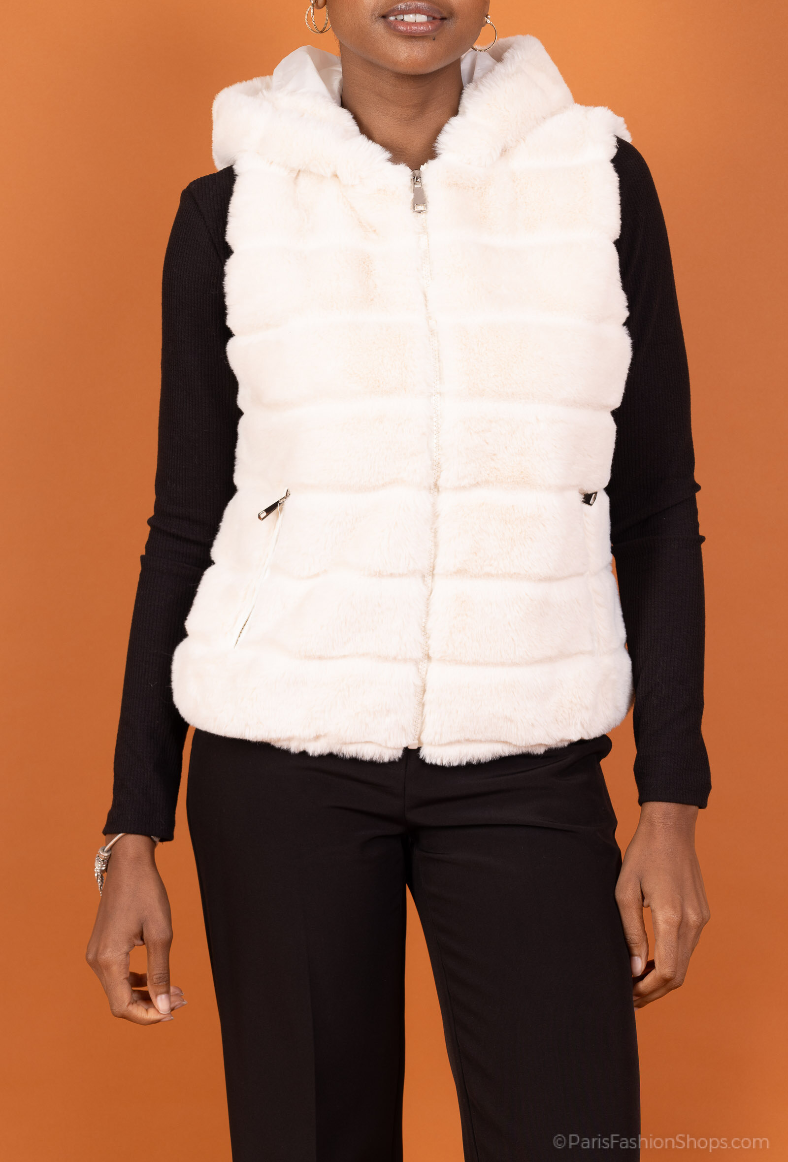 Wholesaler Pépouz' Paris - Quilted faux fur sleeveless vest with hood
