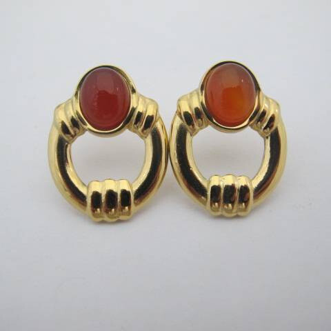Wholesaler PERLES BLEUES - Red Agate Earrings Gold Stainless Steel 20x26mm