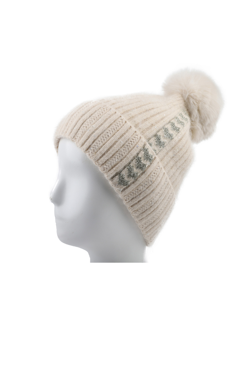 Großhändler Phanie Mode (Phanie accessories) - Gerippte Strickmütze mit Bommel mit Pailletten und Lurex-Herzmuster