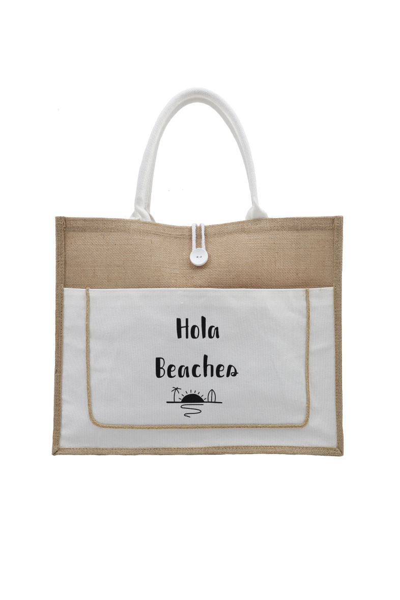 Mayorista Phanie Mode (Phanie accessories) - Bolso tote de lona estampada “Hola Beaches” con bolsillo delantero