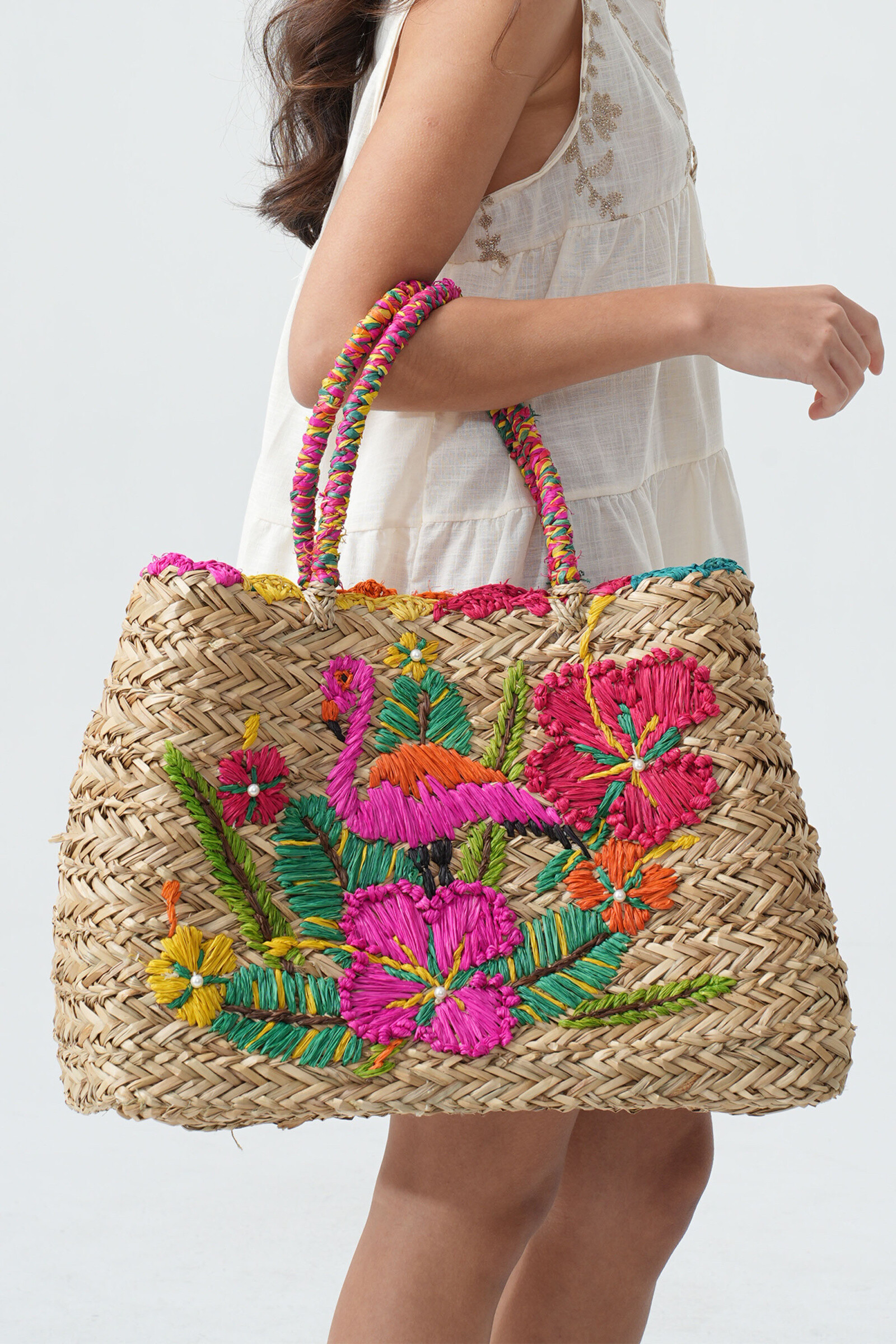 Wholesaler Phanie Mode (Phanie accessories) - Straw shopping bags with pink flamingo embroidery and colorful flowers