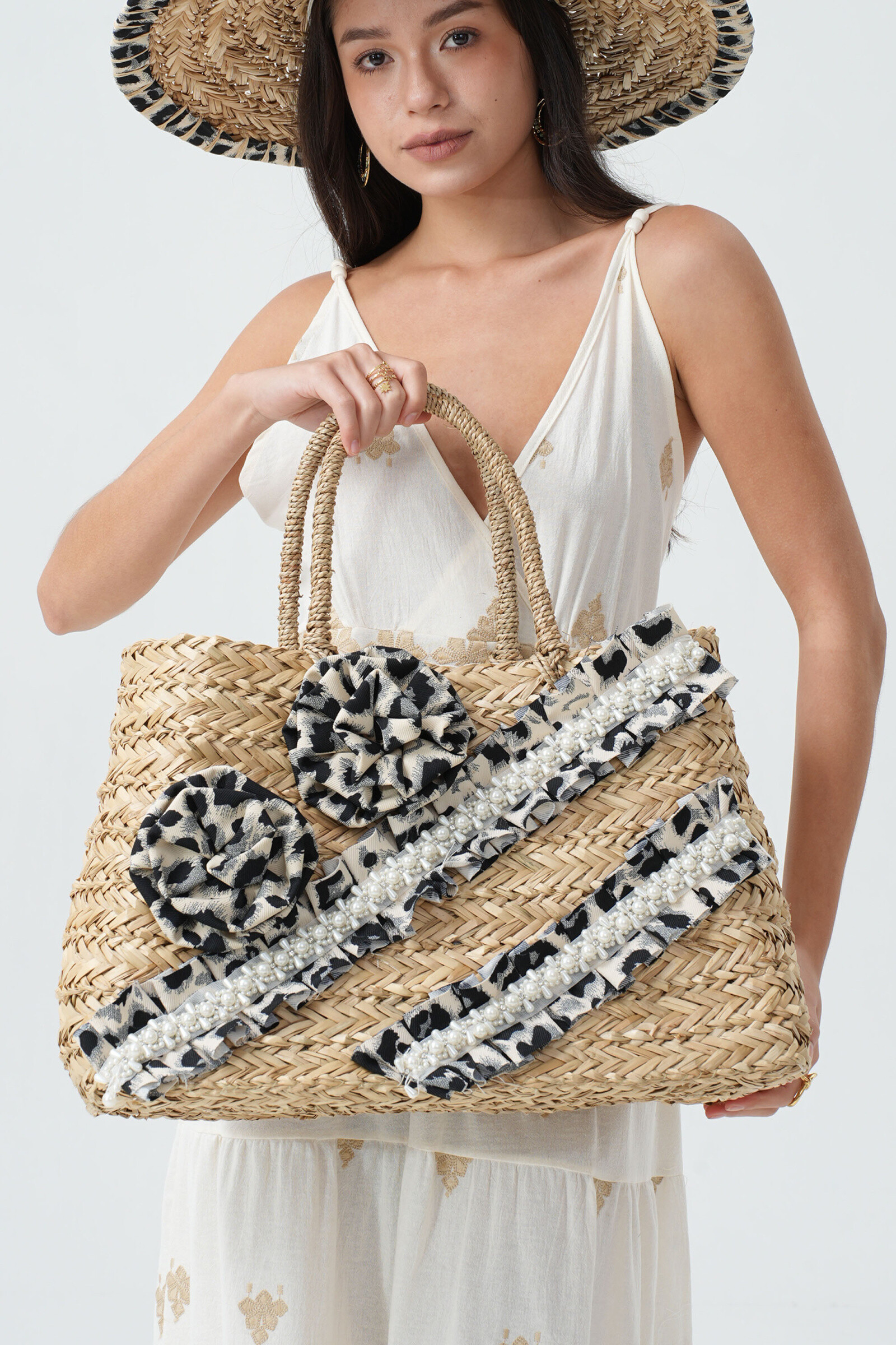 Mayorista Phanie Mode (Phanie accessories) - Campanas de paja de leopardo con perlas y flores