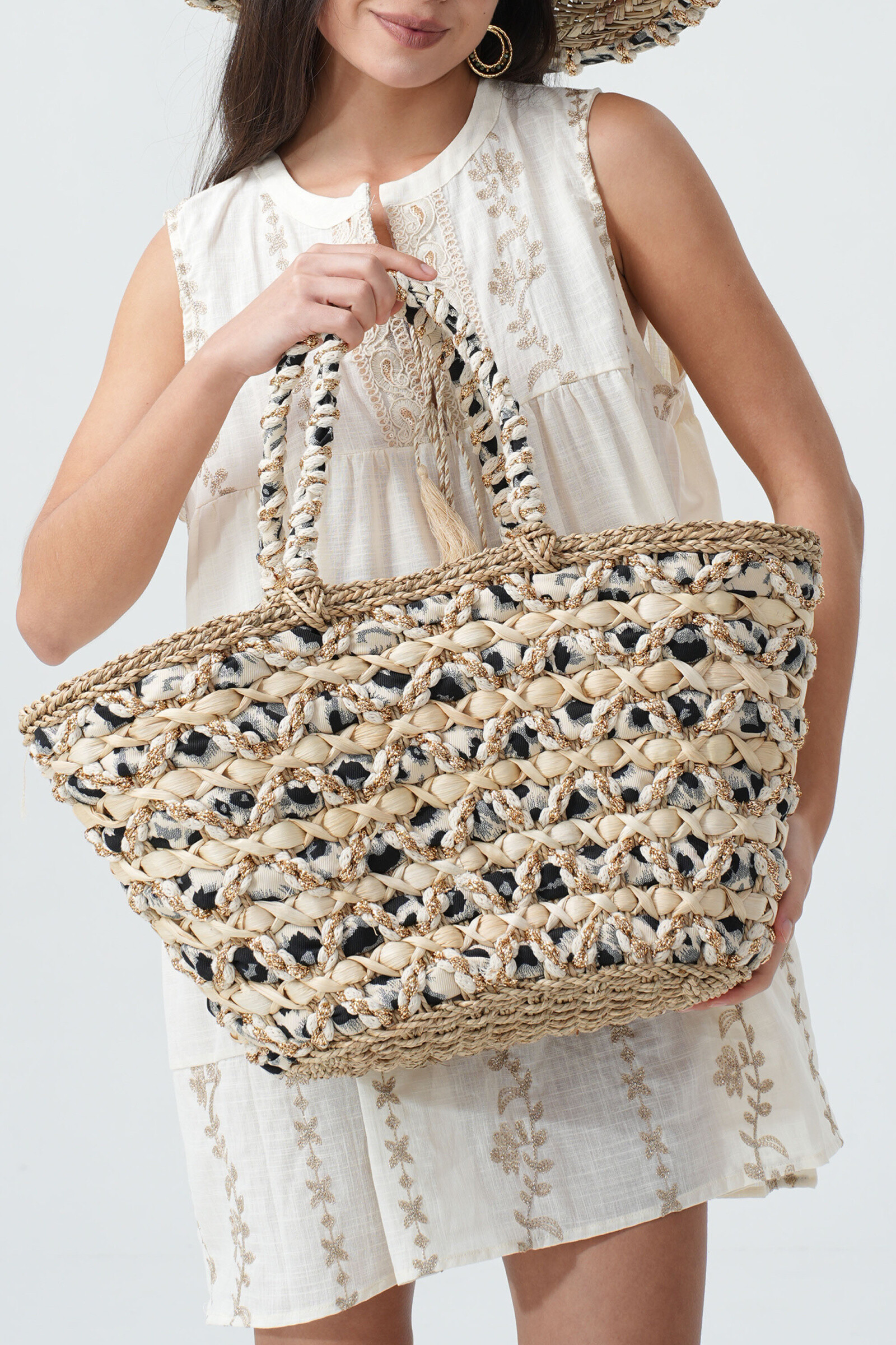 Wholesaler Phanie Mode (Phanie accessories) - Leopard straw basket and braided lurex