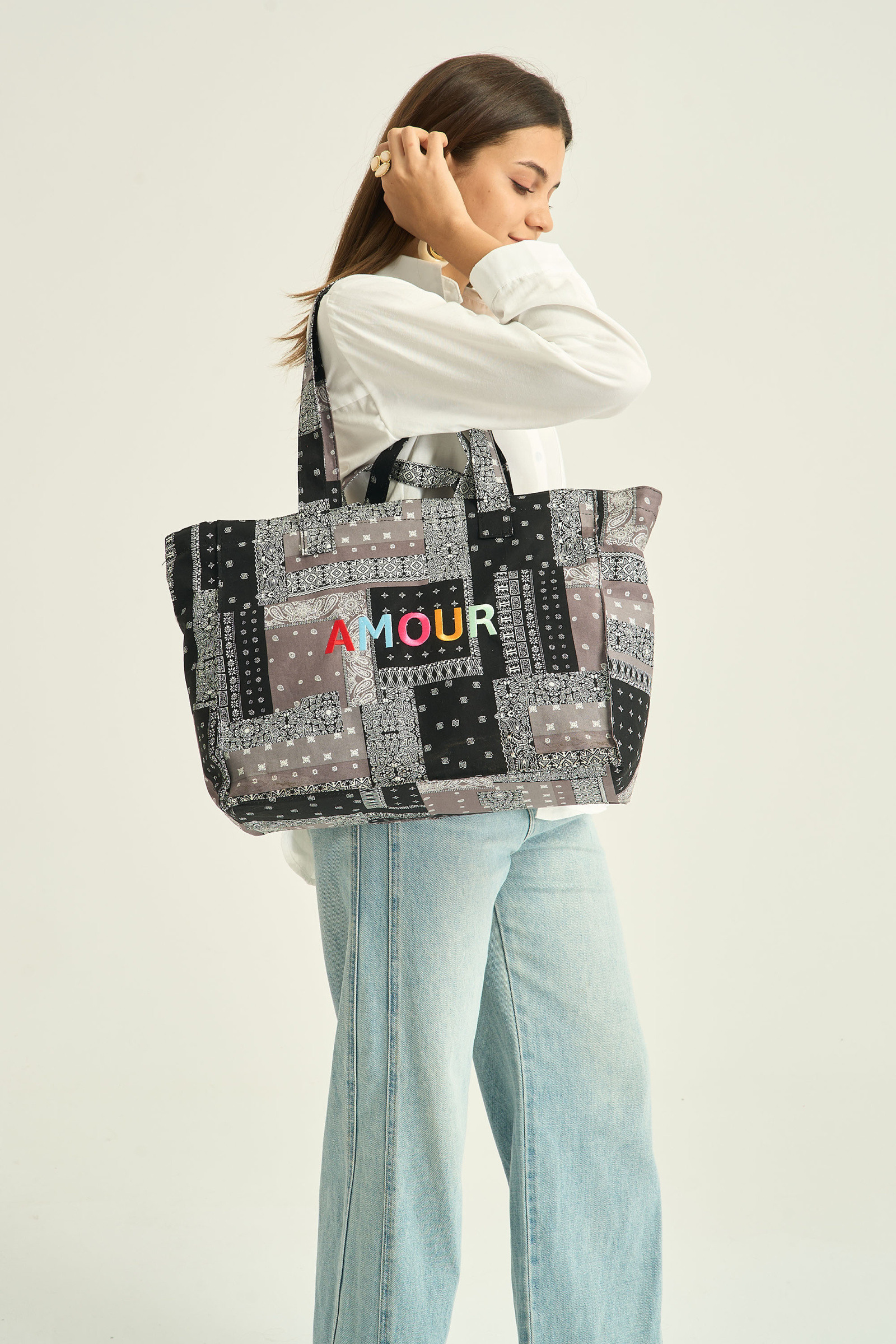 Großhändler Phanie Mode (Phanie accessories) - Patchwork-Baumwolltasche „LIEBE“ – Großes Format