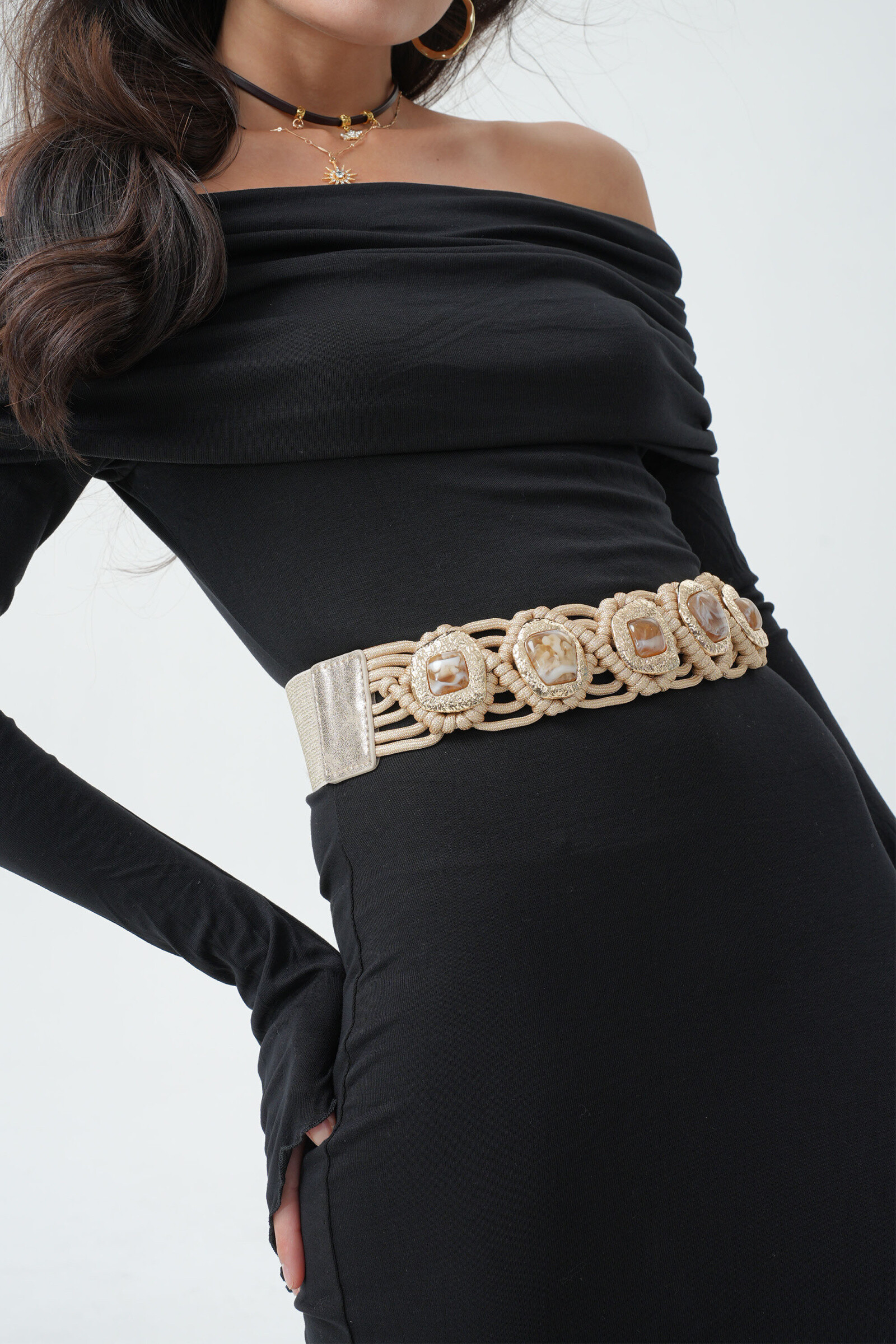 Grossiste Phanie Mode (Phanie accessories) - Ceinture élastique style boho avec partie en corde et pierres incrustées