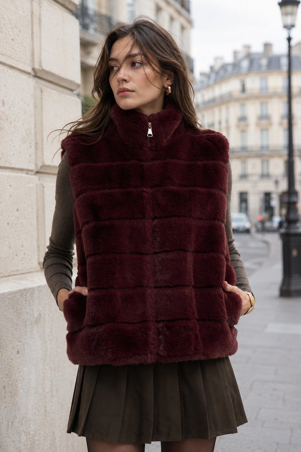 Grossista Phanie Mode (Phanie accessories) - Gilet con zip e collo alto in pelliccia sintetica