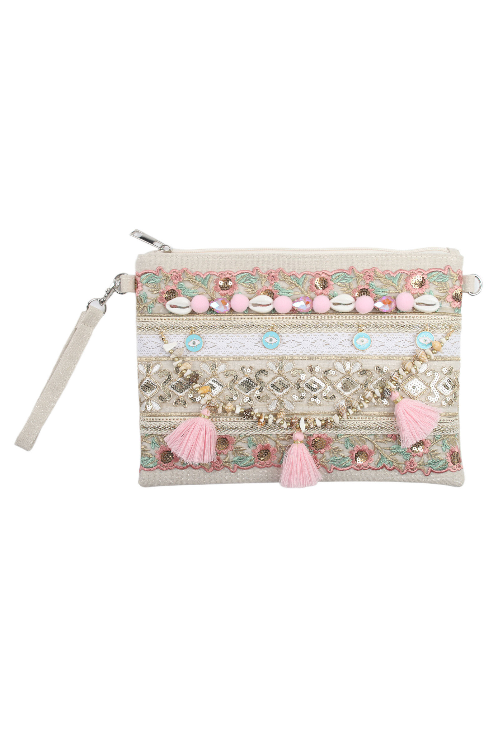 Grossista Phanie Mode (Phanie accessories) - Pochette bohémien rosa - conchiglie, pizzo, pon pon e paillettes