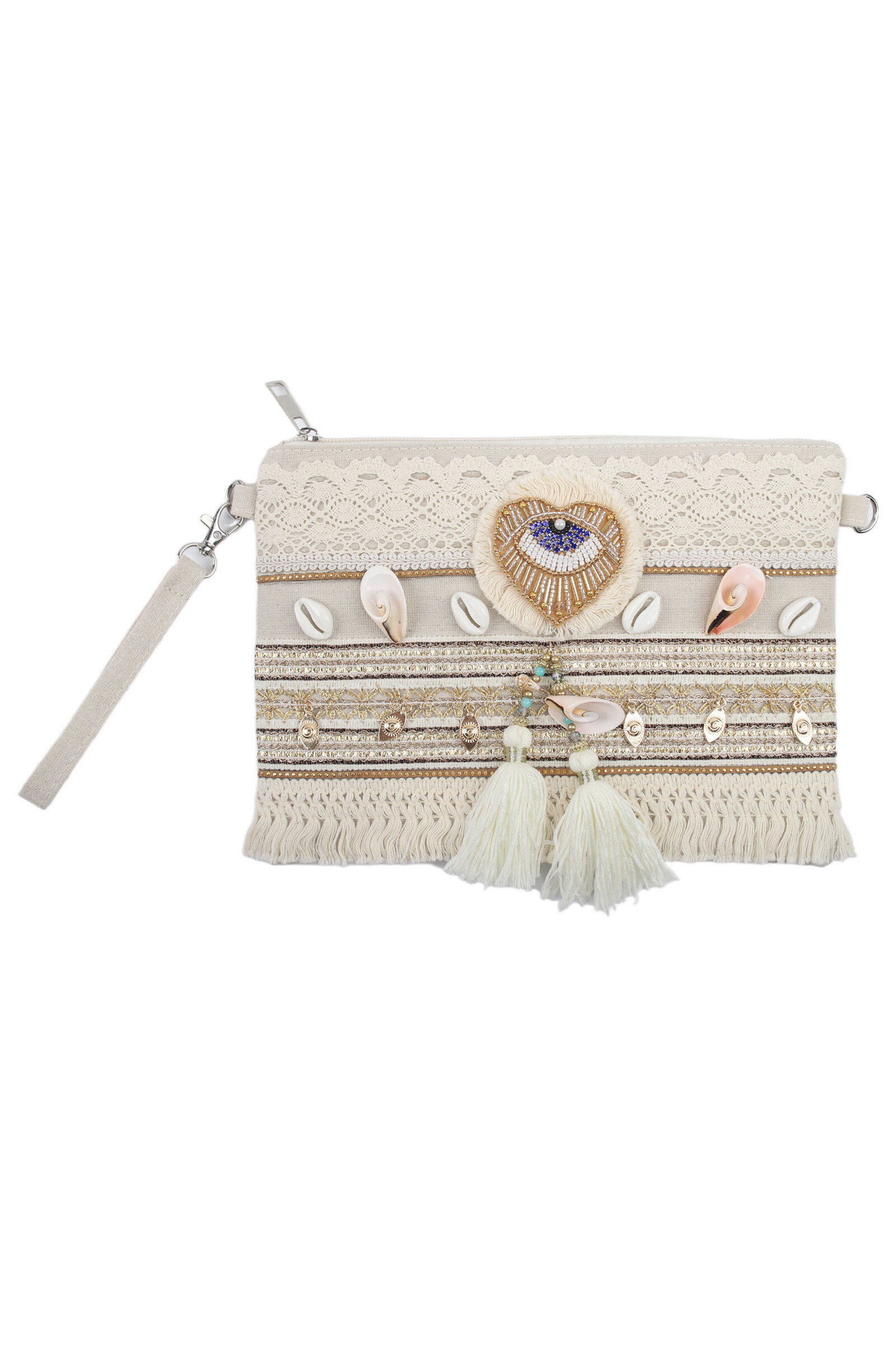 Grossista Phanie Mode (Phanie accessories) - Pochette bohémien con Cuore Protettore - conchiglie, perle e pon pon
