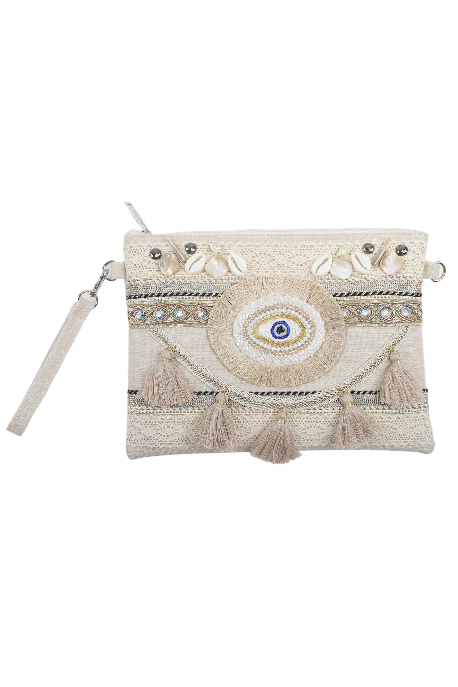 Grossista Phanie Mode (Phanie accessories) - Pochette bohémien Occhio Protettivo in pietra - conchiglie, pompon e perle