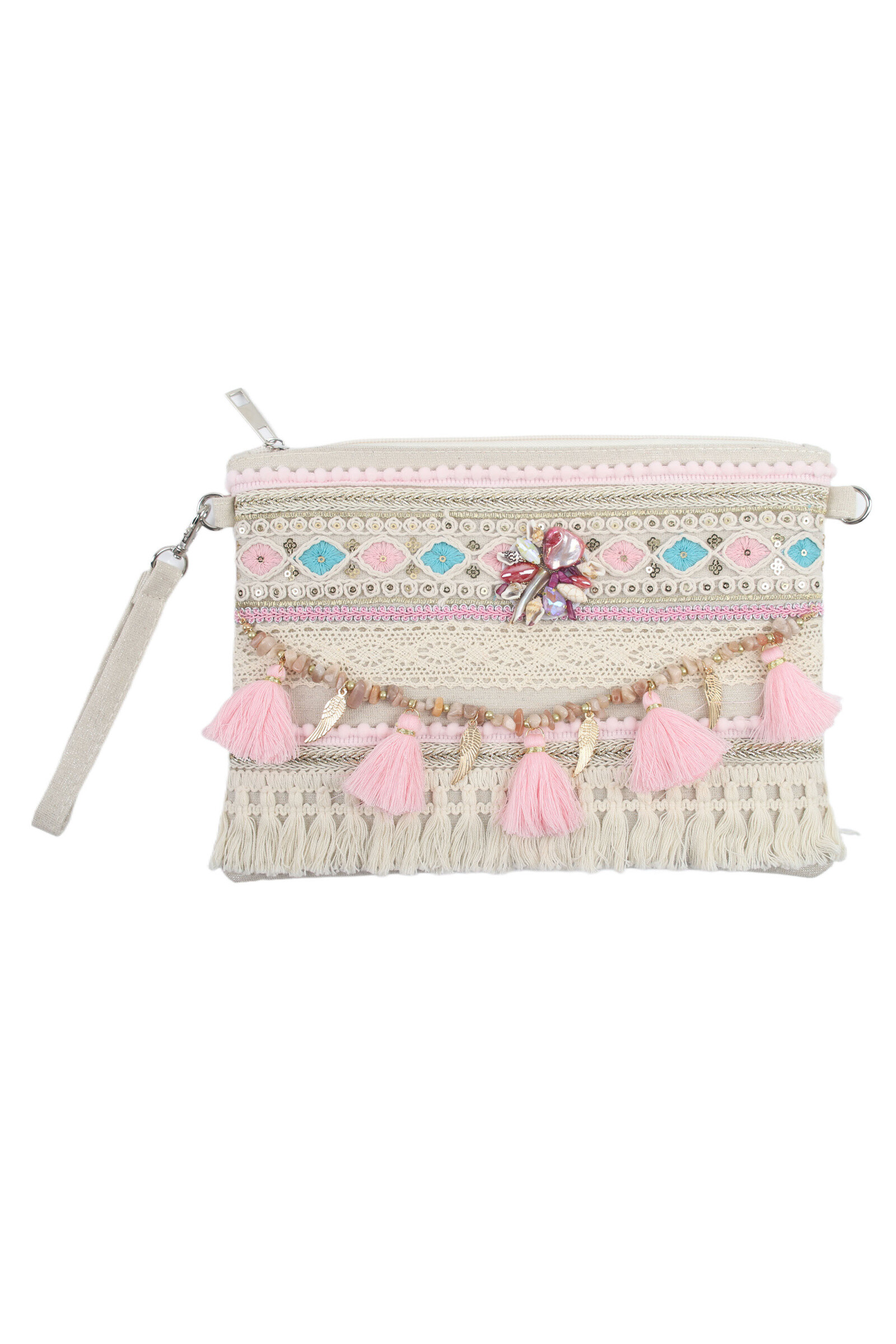 Grossista Phanie Mode (Phanie accessories) - Pochette bohémien rosa - conchiglie, pizzo, pon pon e paillettes
