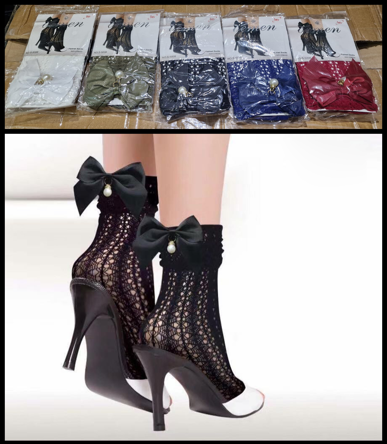 Grossiste PHENIX ROUGE - Chaussettes résille à nœud à 5 couleurs