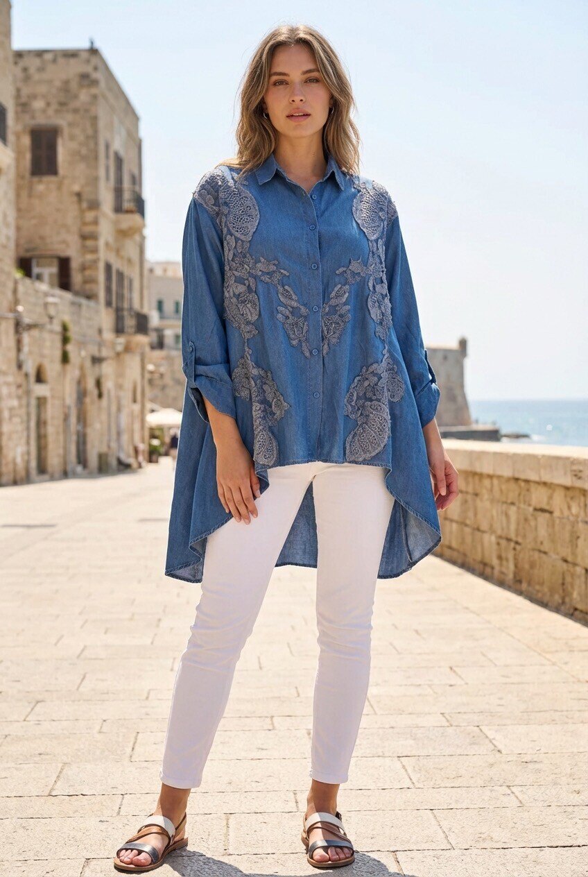 Mayorista PHI PHI STAR - Camisa de mezclilla retro bordada, con cuello vuelto amplio, mangas largas para mujer y top casual versátil