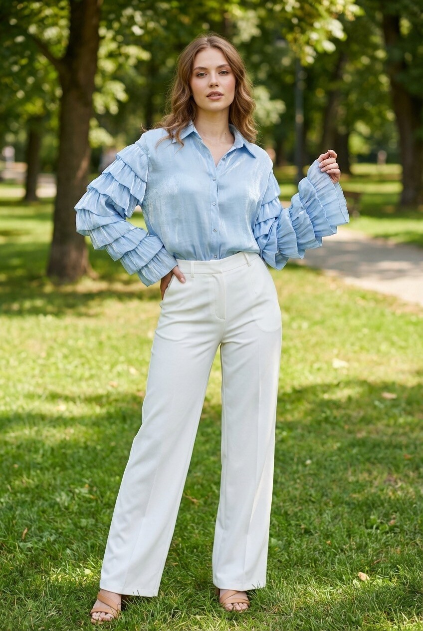 Mayorista PHI PHI STAR - Top de camisa con un temperamento refinado, diseño clásico con botones en la solapa, ajuste suelto y drapeado, mangas largas con volantes en capas, tejido