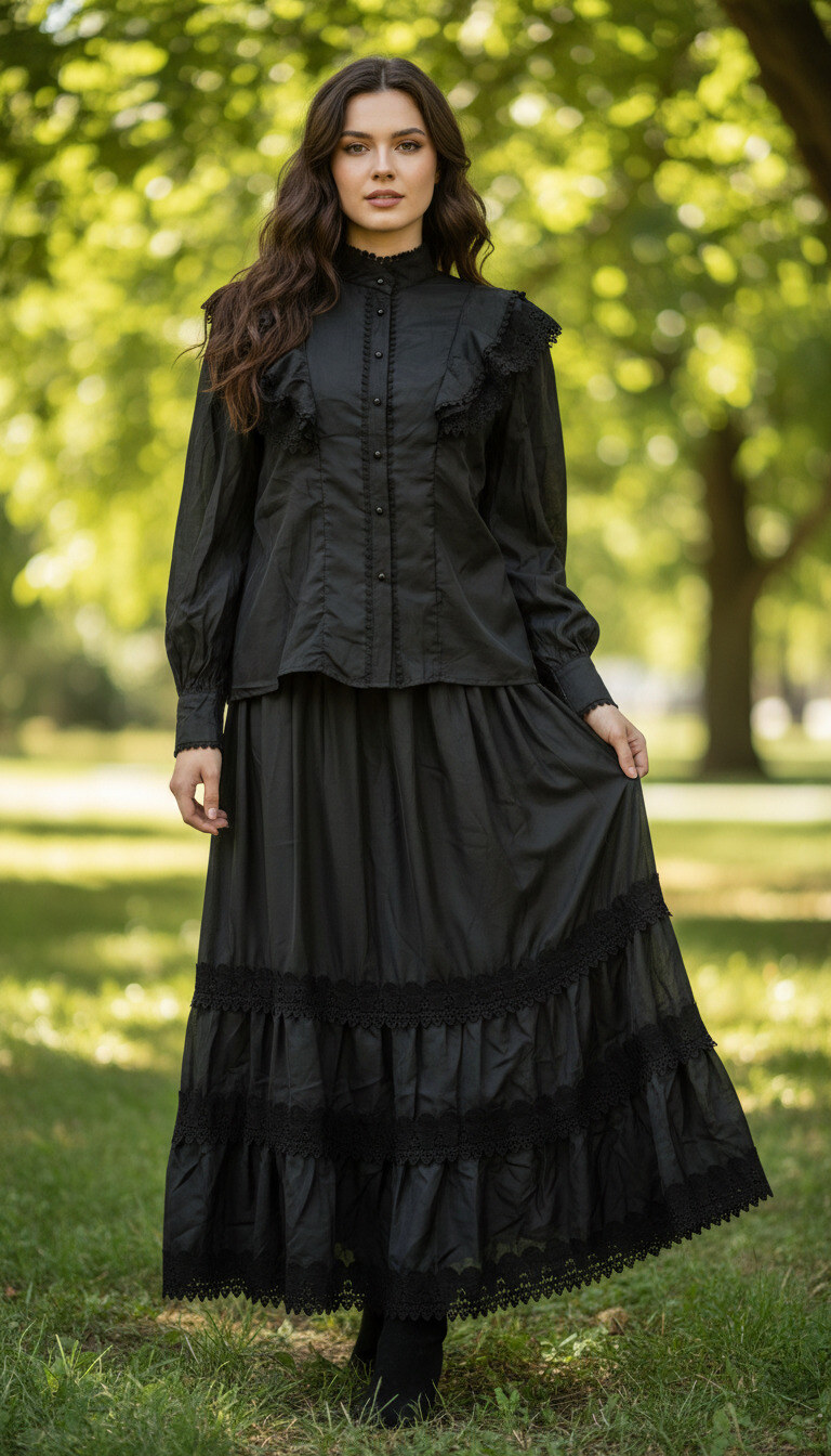 Mayorista PHI PHI STAR - Vestido gótico retro, camisa de manga larga con cuello alto, decoración con volantes de encaje, diseño de un solo botón, top ajustado, falda en capas, falda de encaje