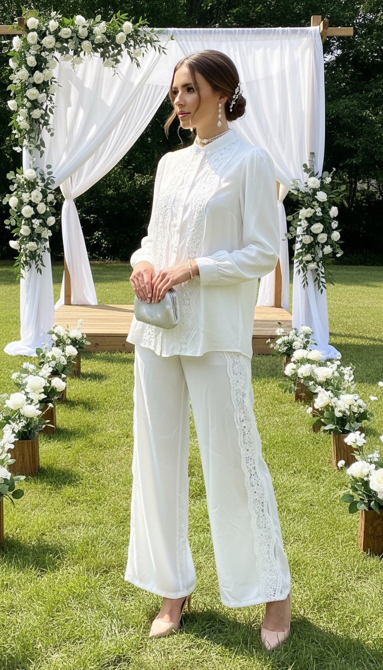 Grossiste PHI PHI STAR - Chemise à manches longues avec col col montant, coutures en dentelle rétro française, pantalon à jambes larges, ensemble deux pièces au style féminin