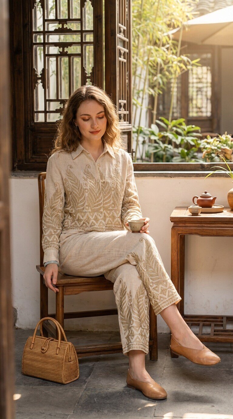 Grossiste PHI PHI STAR - Ensemble deux pièces brodé style ethnique Chemise femme à revers + pantalon droit Tenue ample et amincissante style vacances
