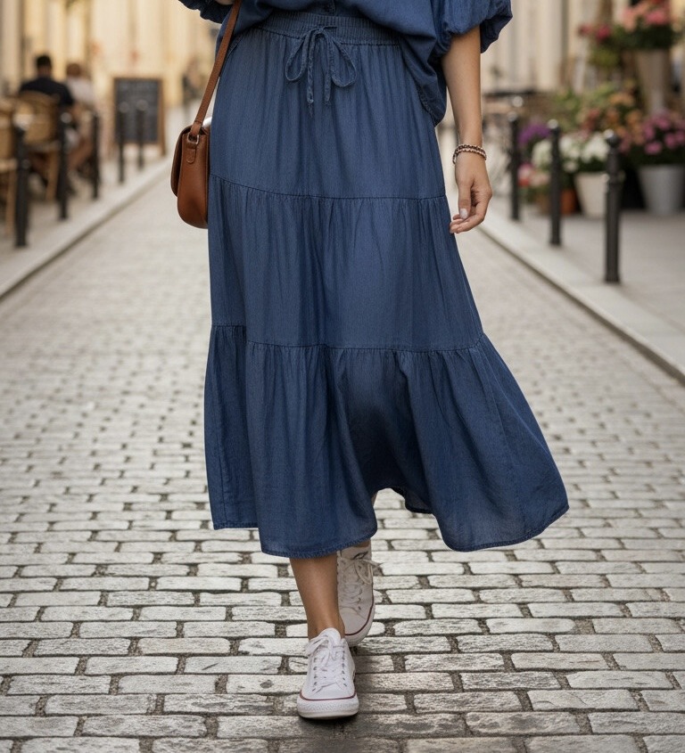 Wholesaler PHI PHI STAR - Casual long denim skirt Layered, wide, and versatile skirt with elastic waistband drawstring for women