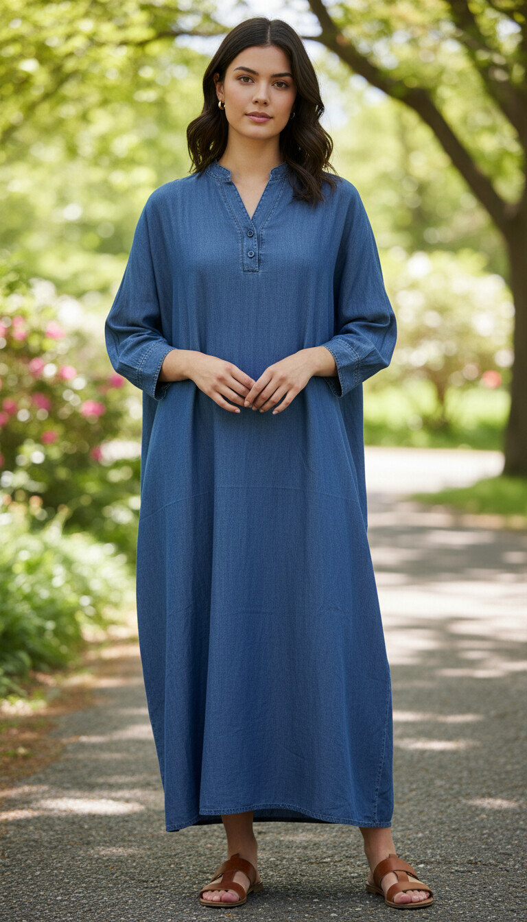 Mayorista PHI PHI STAR - Vestido largo de denim amplio artístico Vestido largo versátil y adelgazante casual para mujer con mangas largas y cuello elevado