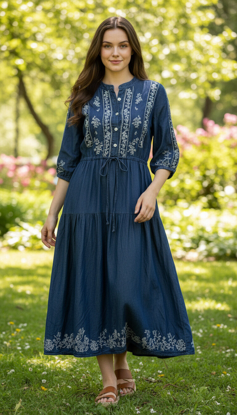 Mayorista PHI PHI STAR - Vestido de media longitud suelto y fino para mujer, bordado en estilo literario, con un temperamento retro, mangas tres cuartos, falda en capas, vestido largo ca