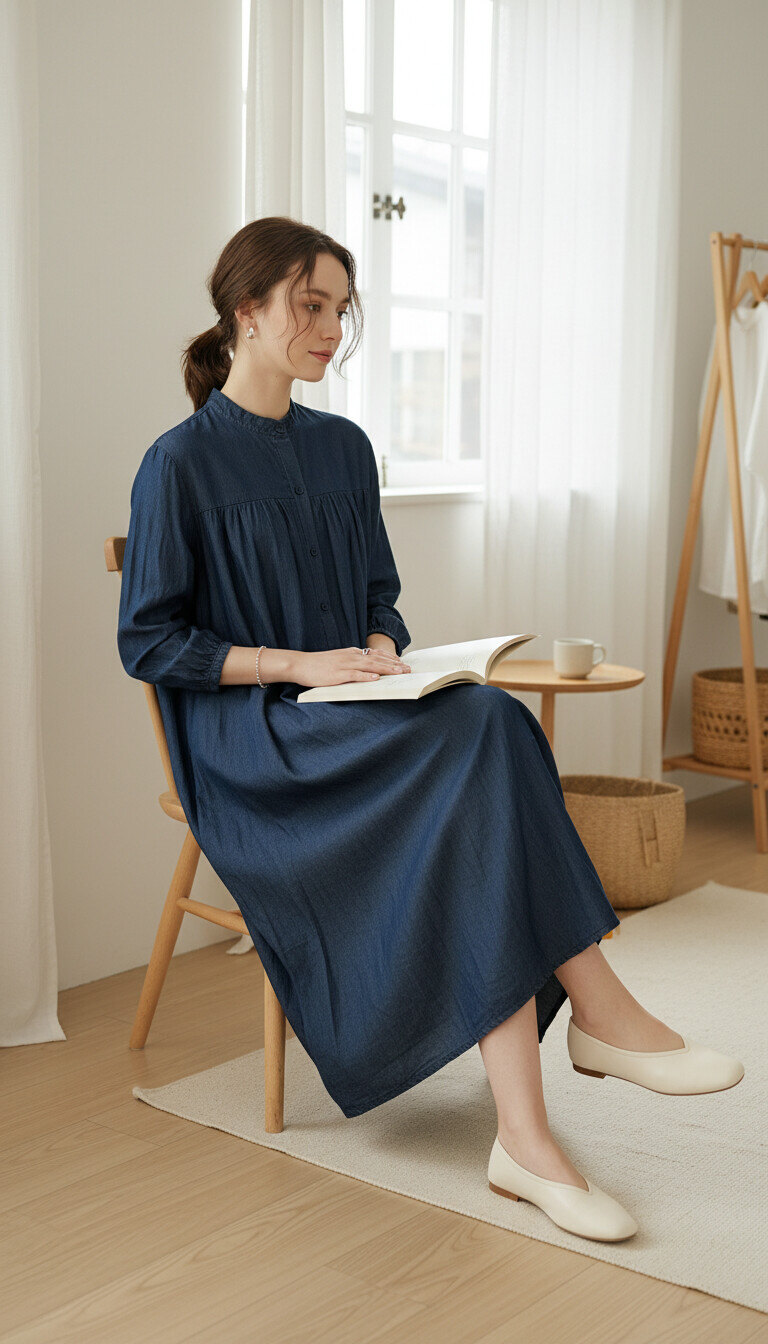 Grossiste PHI PHI STAR - Robe décontractée à manches longues en denim Robe longue polyvalente artistique à simple boutonnage ample pour femme avec col col relevé