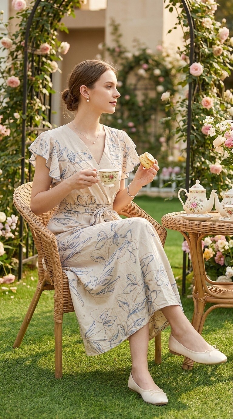 Grossista PHI PHI STAR - Abito elegante da donna con stampa floreale retrò, scollo a V, maniche a foglia di loto, cravatta in vita