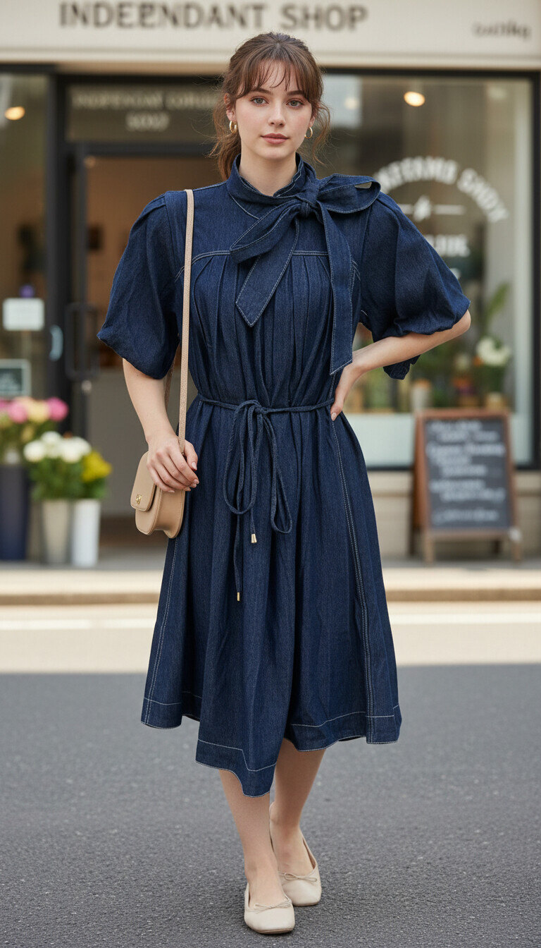 Mayorista PHI PHI STAR - Vestido de mezclilla retro, falda trapecio de cintura alta con cuello alto y lazo de manga corta para mujer, falda casual para el día a día con estilo.