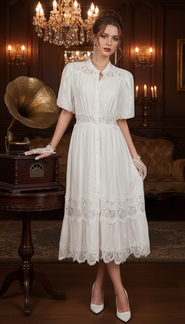 Grossista PHI PHI STAR - Abito elegante da donna con colletto rialzato e maniche a sbuffo con cuciture in pizzo francese