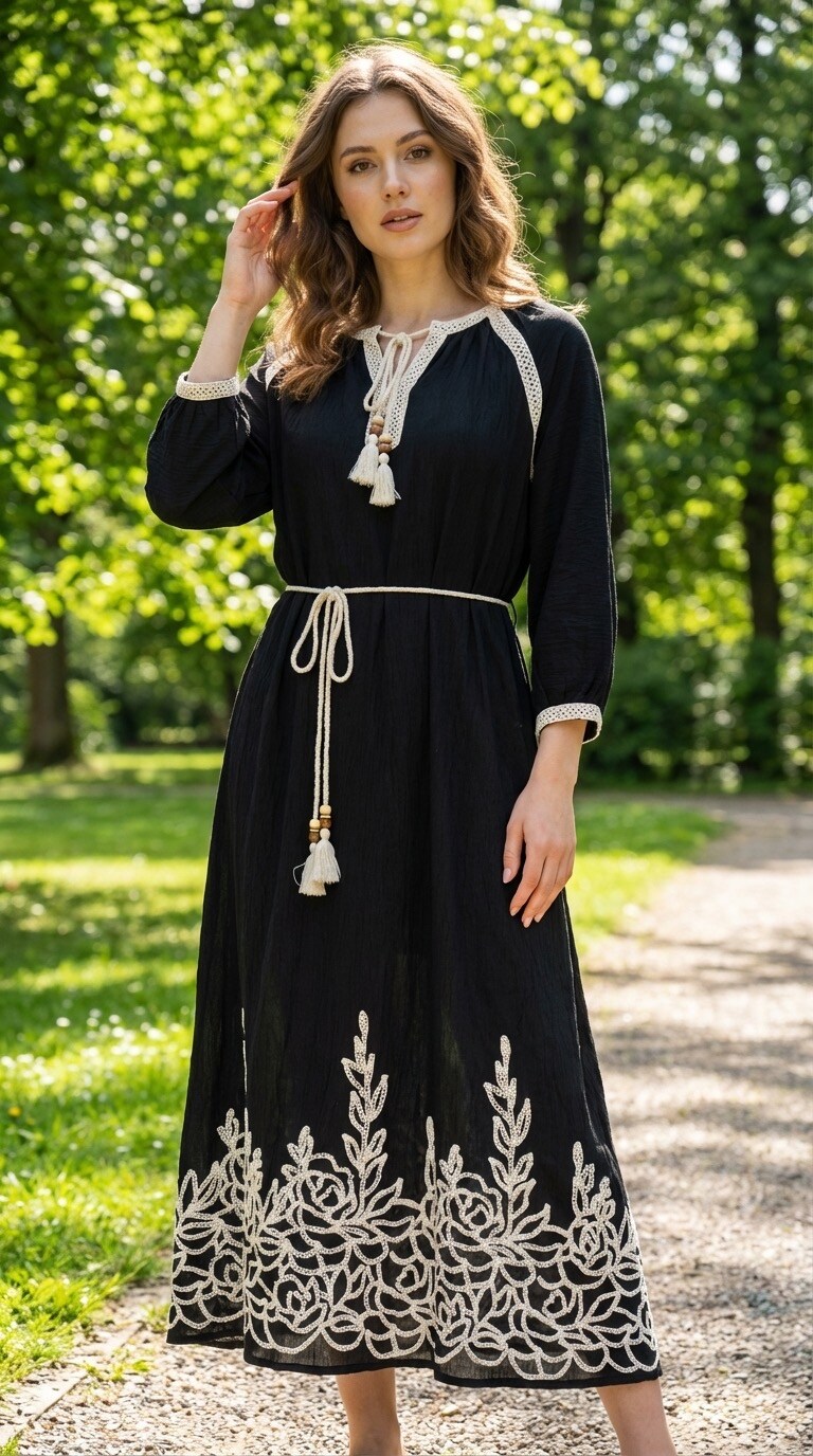 Grossiste PHI PHI STAR - Robe à manches longues en cuir nappa avec ceinture brodée noire style bohème