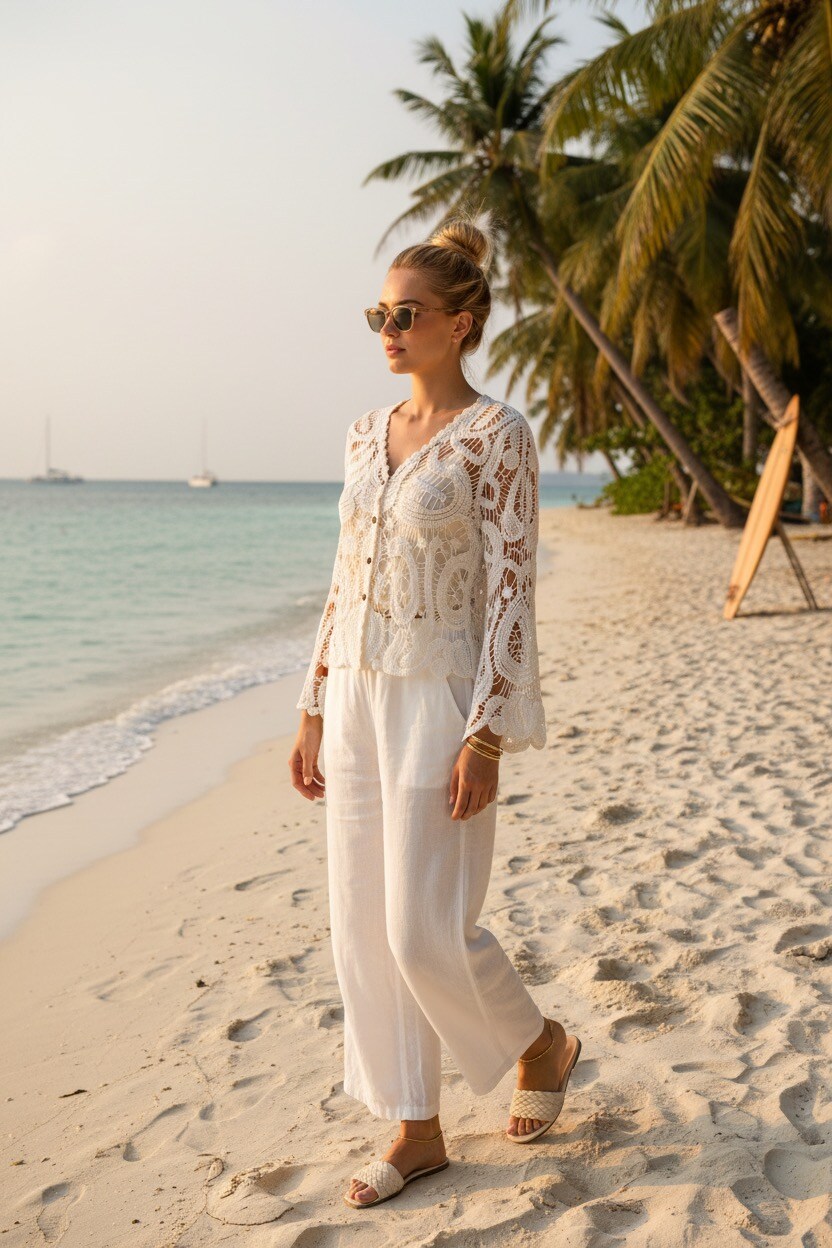 Wholesaler PHI PHI STAR - V-neck crochet openwork cardigan, loose long-sleeve outer top, sweet and versatile for women