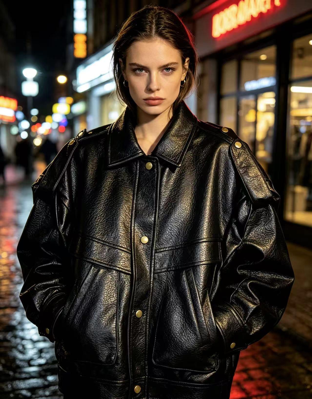 Wholesaler PHI PHI STAR - Leather jacket with embossed lapel Retro oversized jacket with golden chest cargo pocket
