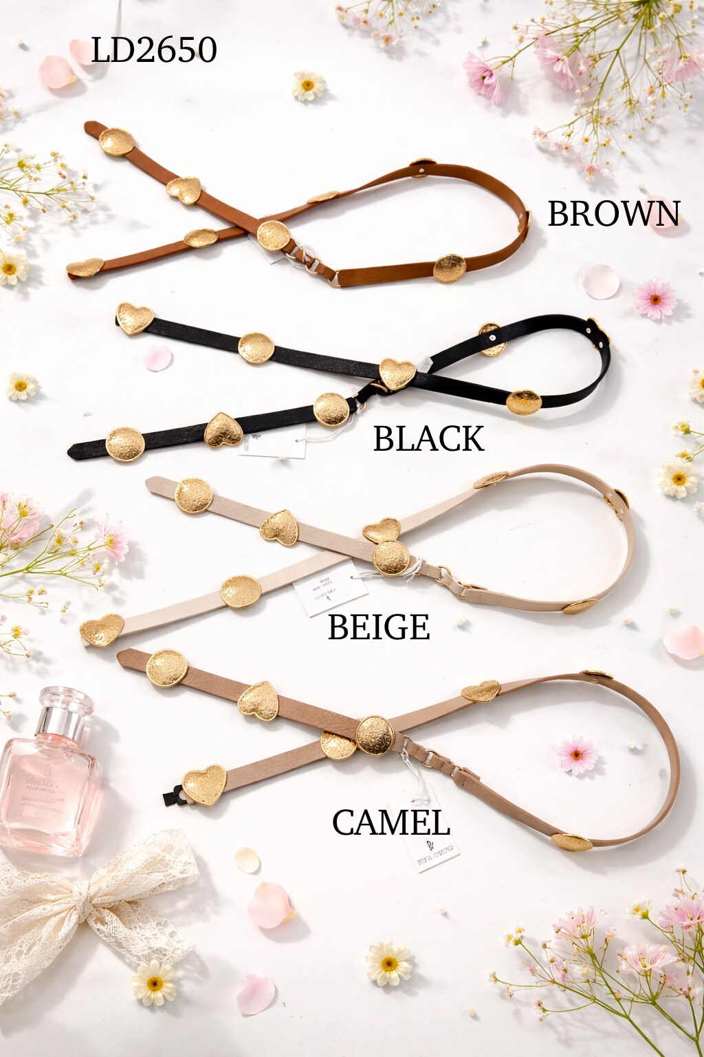 Wholesaler PHIL - Women's Slim Belt with Gold Heart Decorations – Elegant Faux Leather Belt