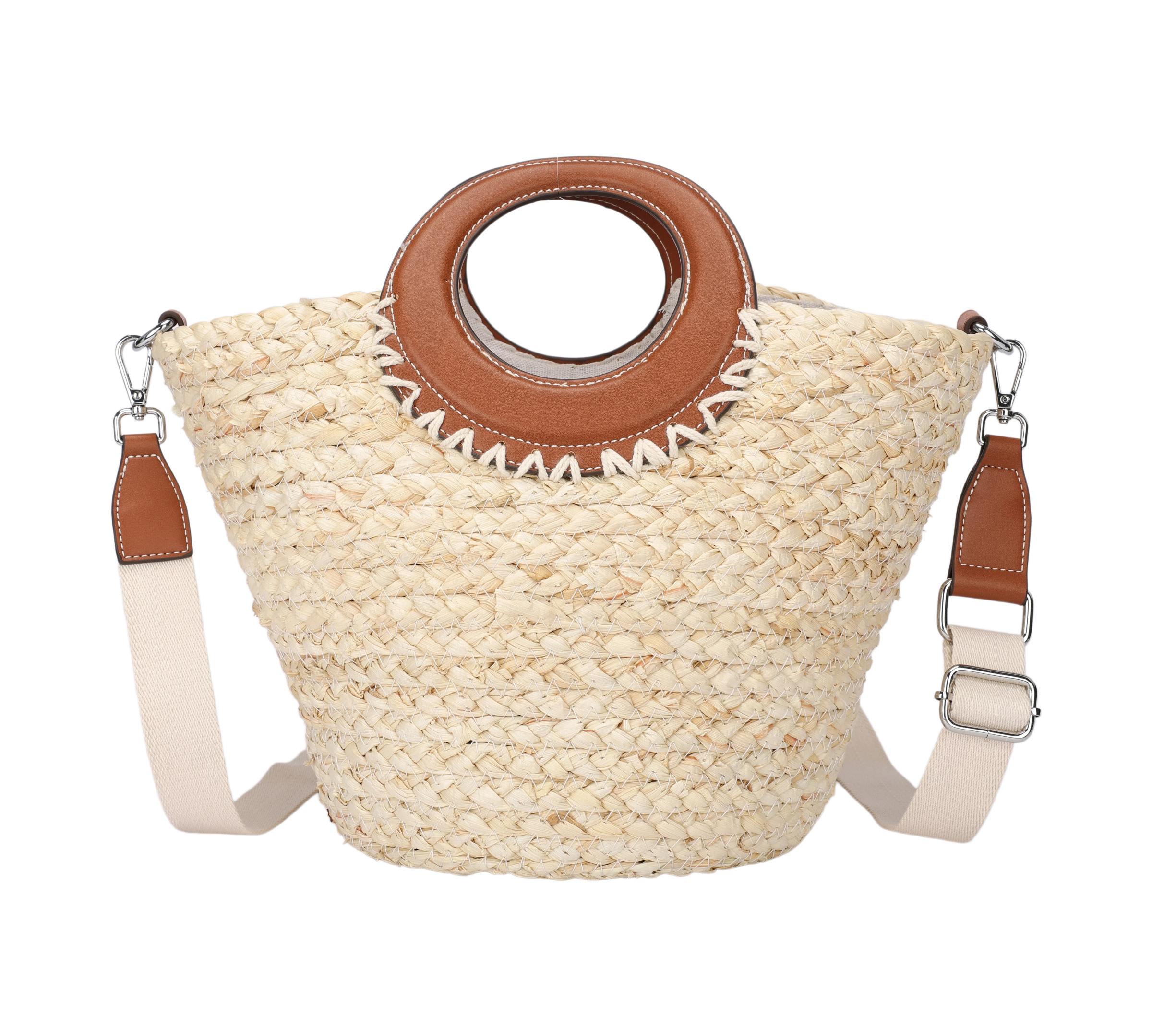 Wholesaler PHIL - Woven straw bag with a rigid faux leather handle and adjustable shoulder strap, elegant summer style