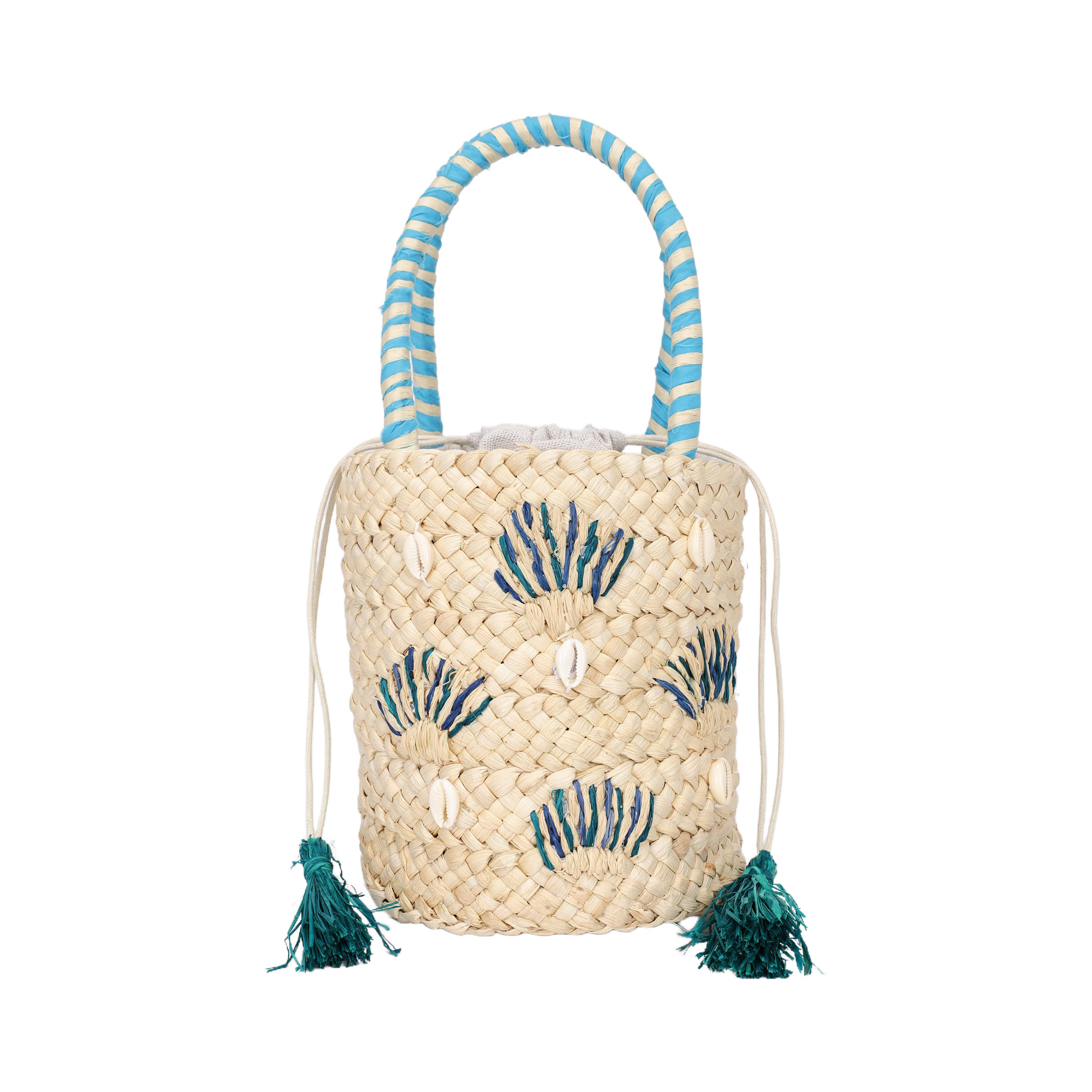 Wholesaler PHIL - Women's woven straw bucket bag with shells – Handmade summer beach bag