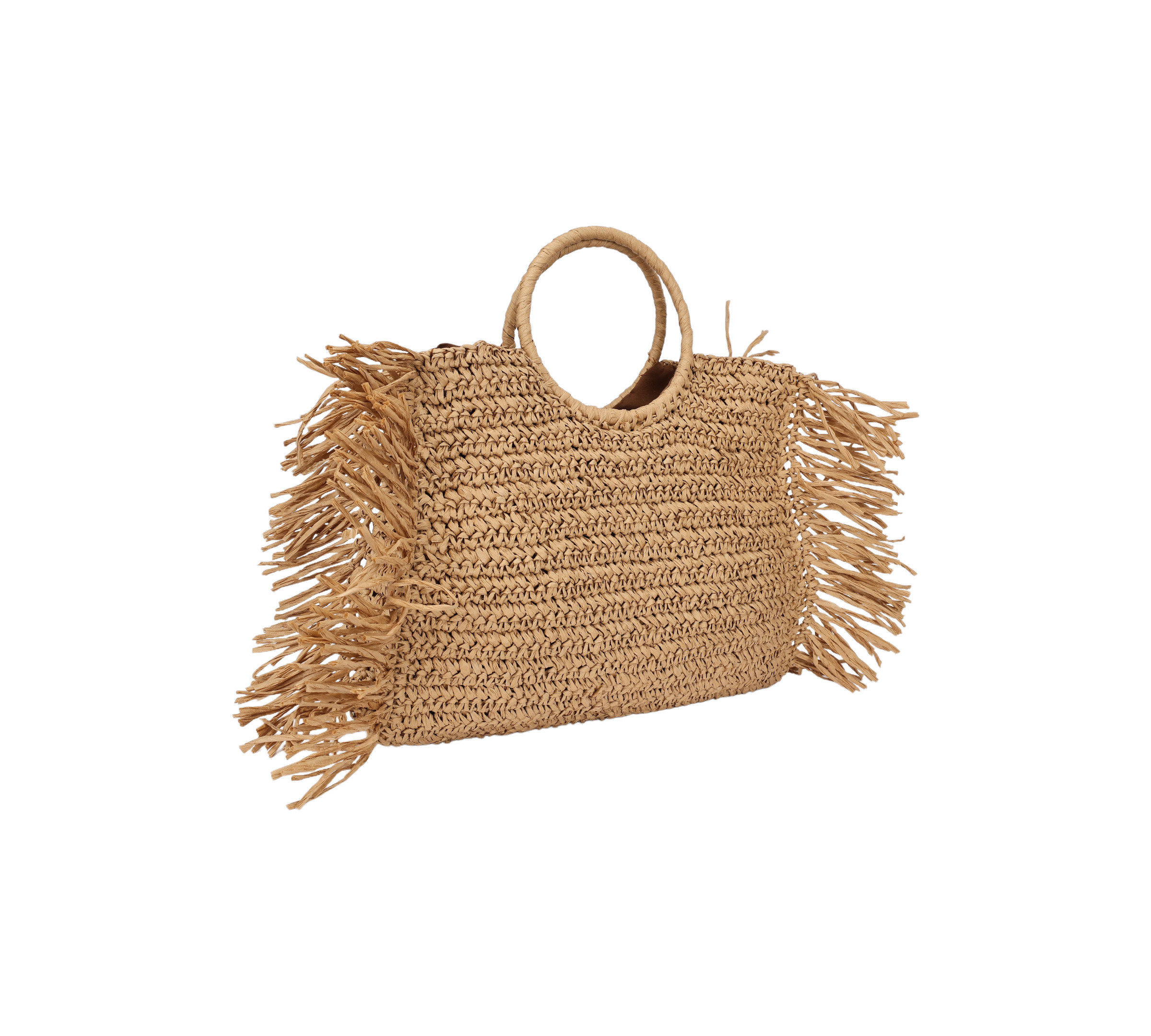 Mayorista PHIL - Bolso de rafia trenzada con asa rígida redonda y flecos laterales estilo boho veraniego