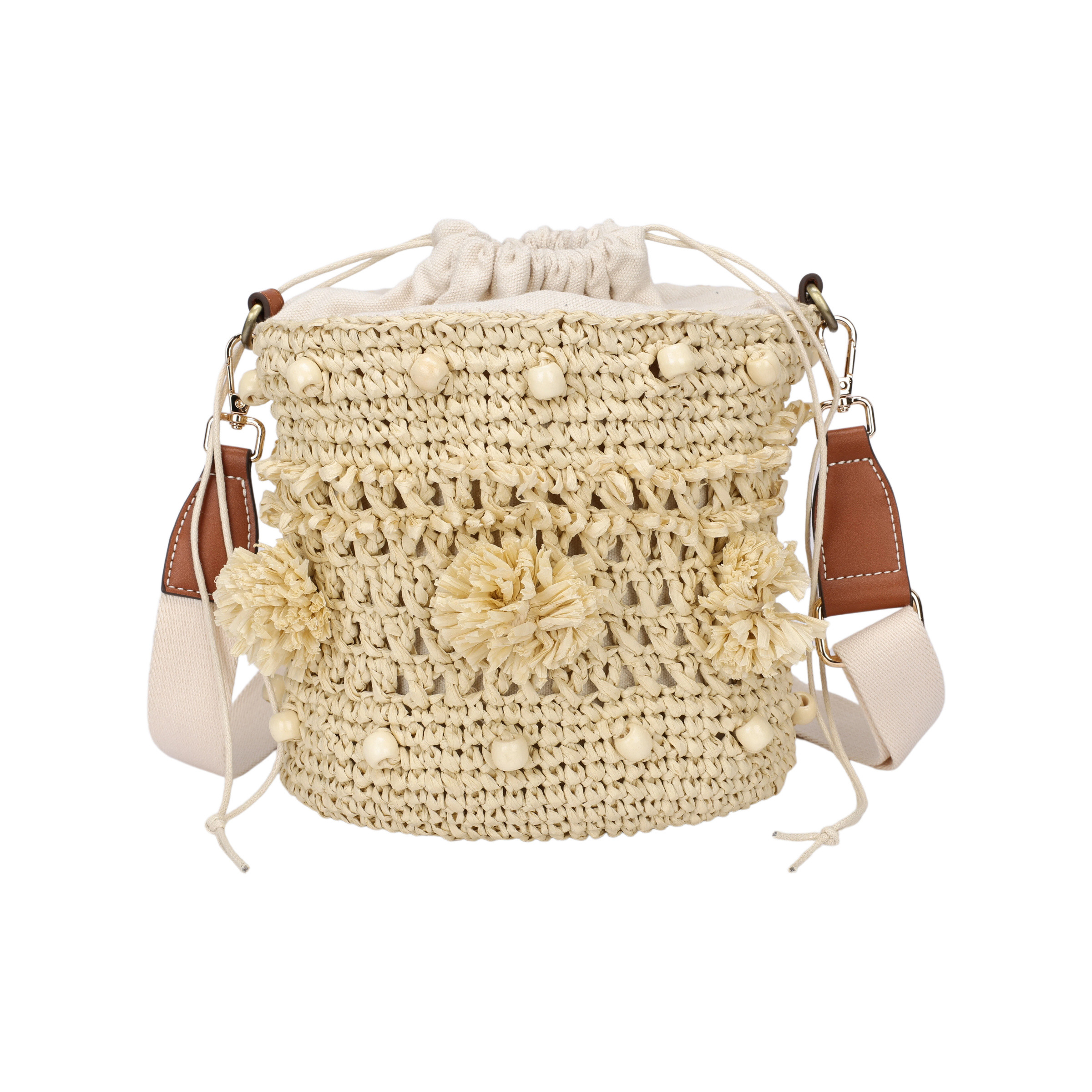 Mayorista PHIL - Bolso de cubo de rafia tejida con cordón, pompones decorativos y correa ajustable estilo boho veraniego
