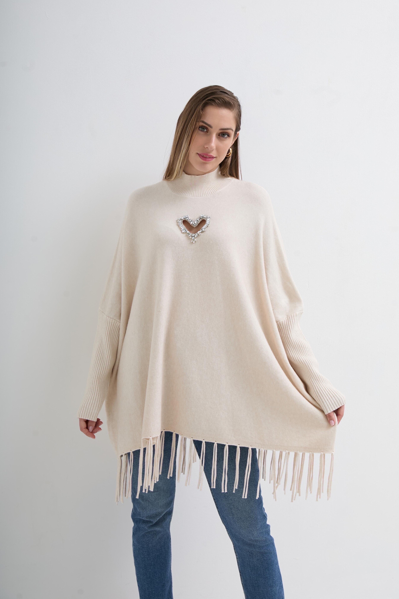 Grossiste PINKA - Pull oversize col montant avec franges