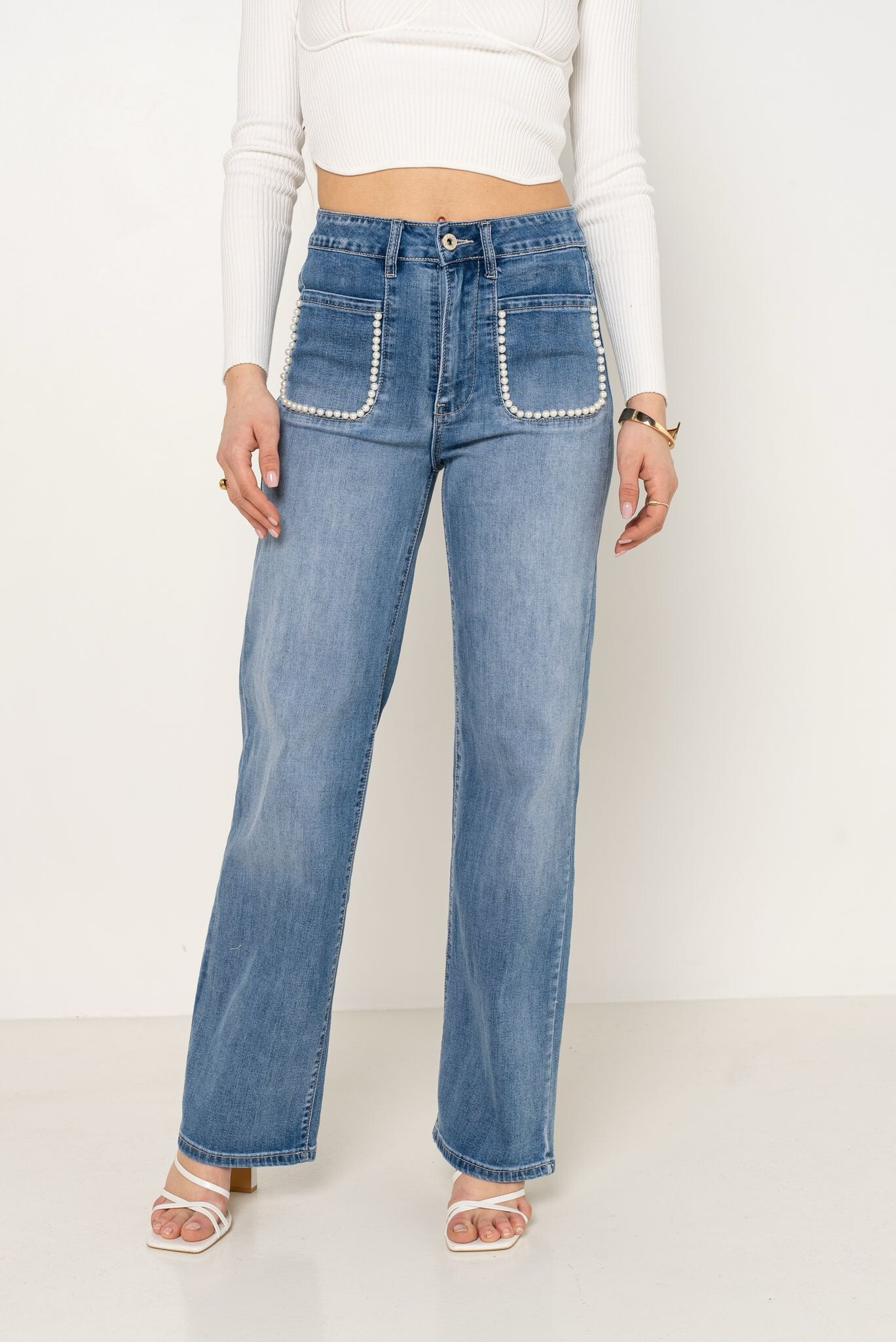 Grossiste Place du jour - Jeans droit avec poches plaquées à perles