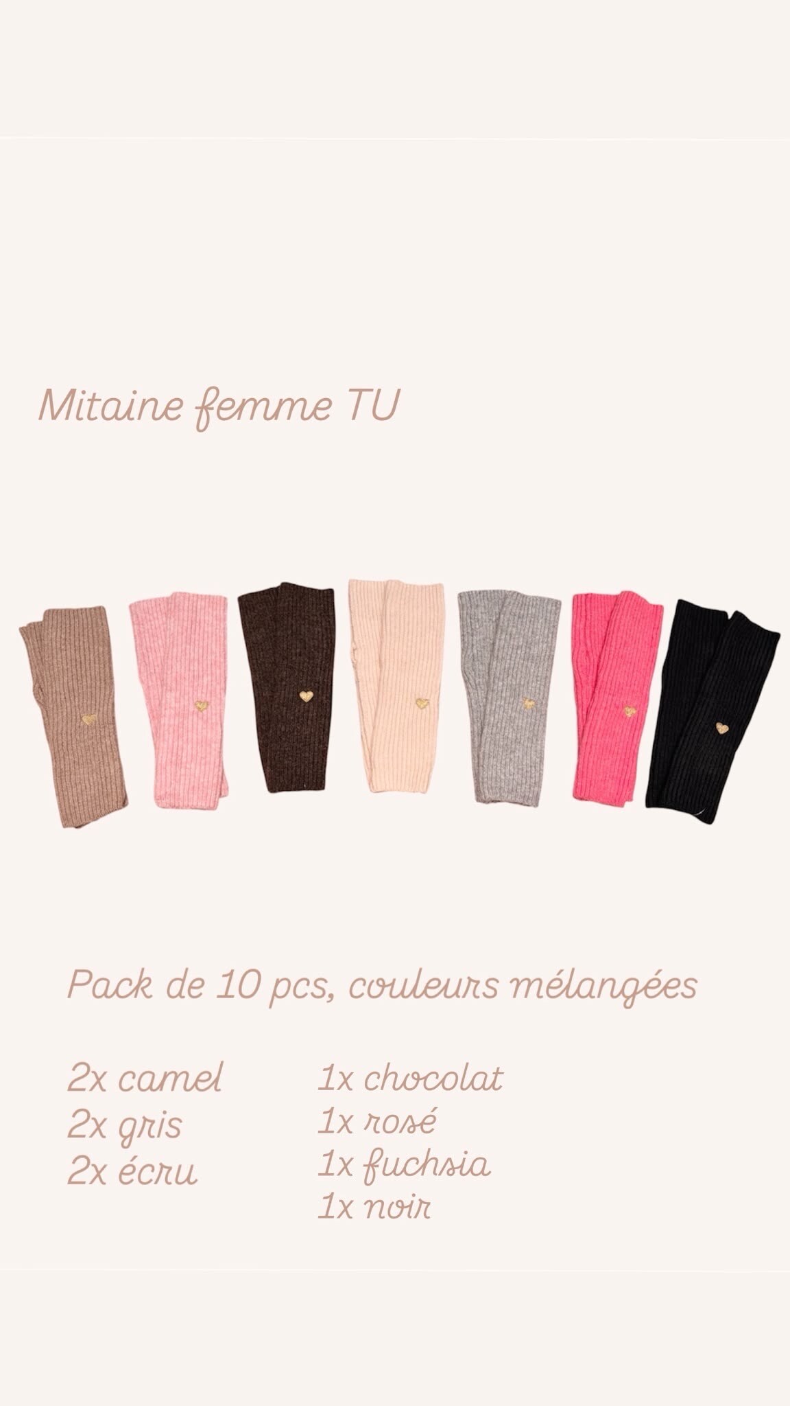 Grossiste PM Mère & Fille - Mitaine avec broderie cœur doré, pack de 10pcs, couleurs mélangées