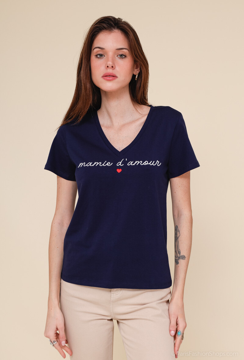 Wholesaler PM Mère & Fille - Embroidered v-neck cotton t-shirt
