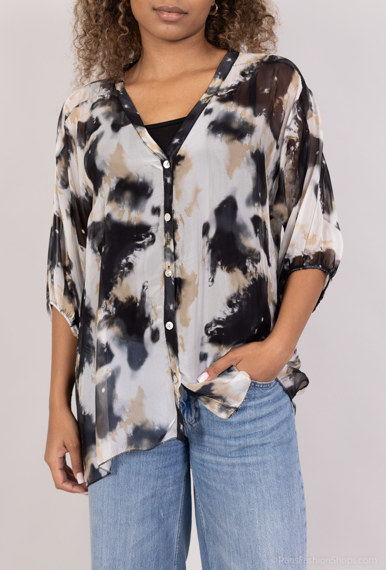 Wholesaler Polita Paris - Silk Top with short sleeves and Digital Print V -neck