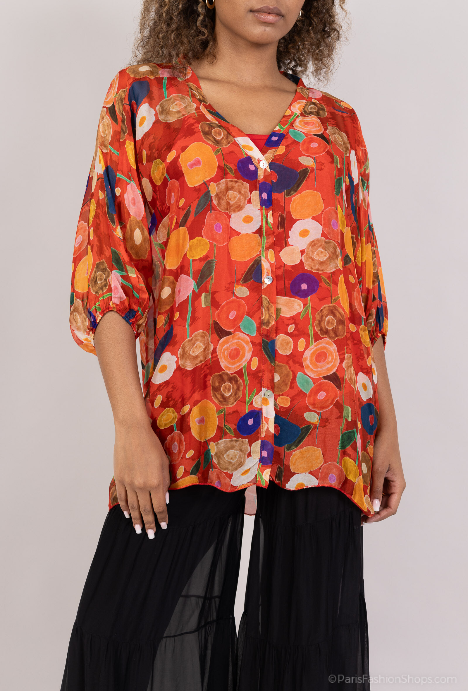 Wholesaler Polita Paris - Silk Top with short sleeves and Digital Print V -neck