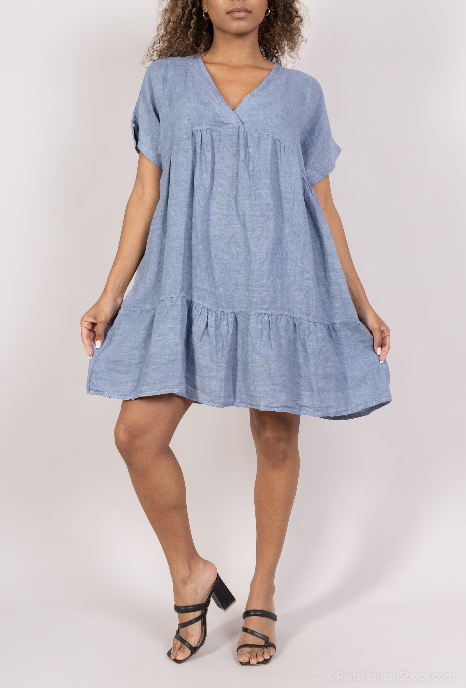 Wholesaler Polita Paris - Short linen dress with front detail, ruffle at the bottom