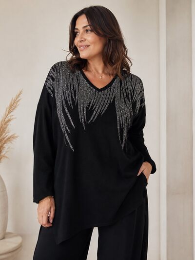 Grossista Pomelo - Maglione oversize nero con piuma di strass – POM 718 Grossista Pomelo - Maglione oversize nero con piuma di strass – POM 718