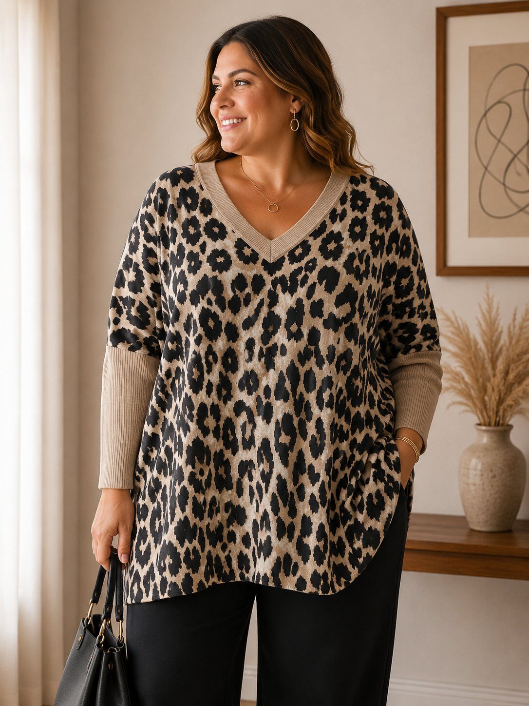 Grossista Pomelo - Pom 711 Maglione Tunica Stampato Donna Oversize – Collo a V