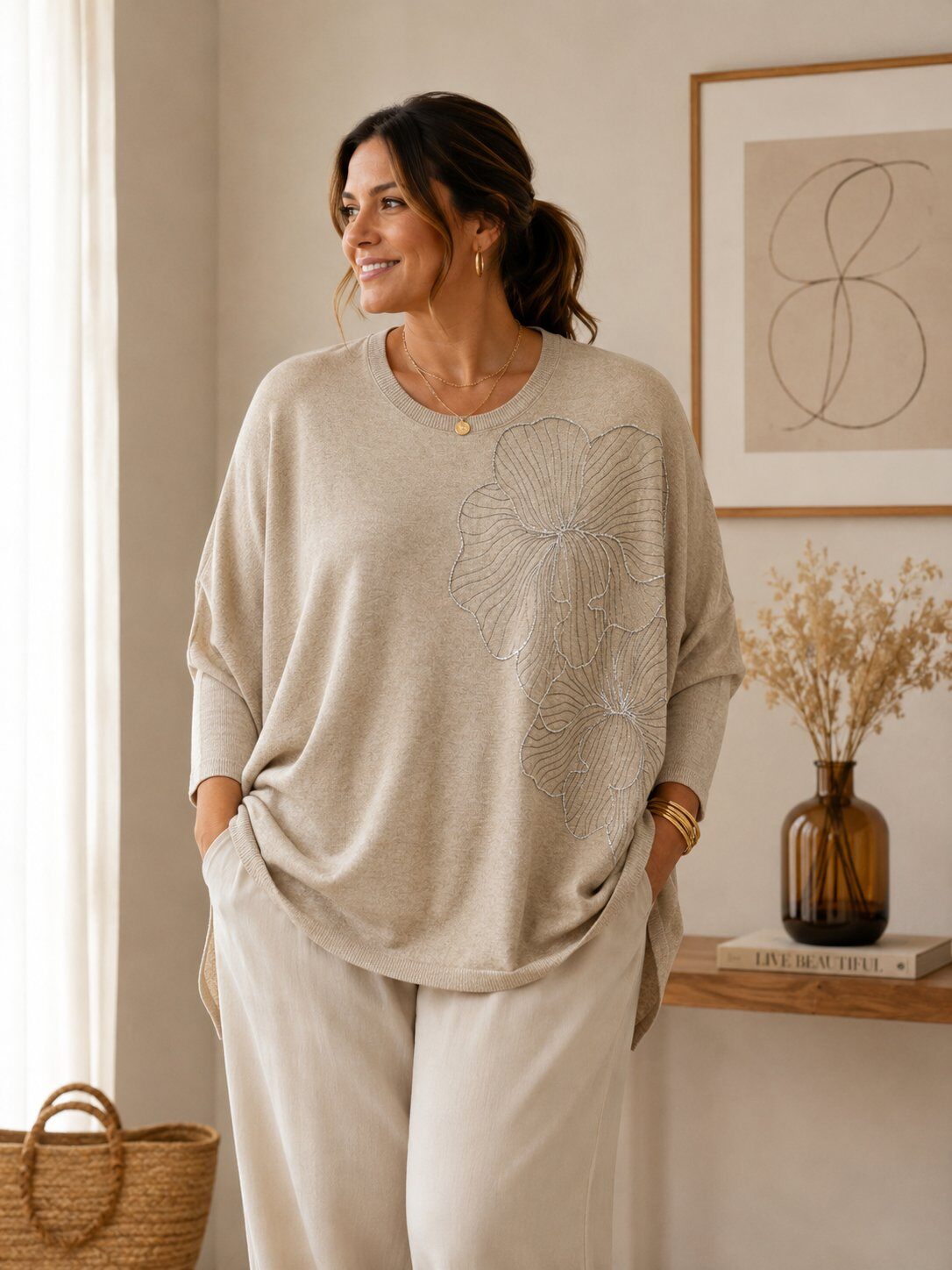 Grossiste Pomelo - POM 717 Pull Oversize Femme Grande Taille – Fleurs Brodées