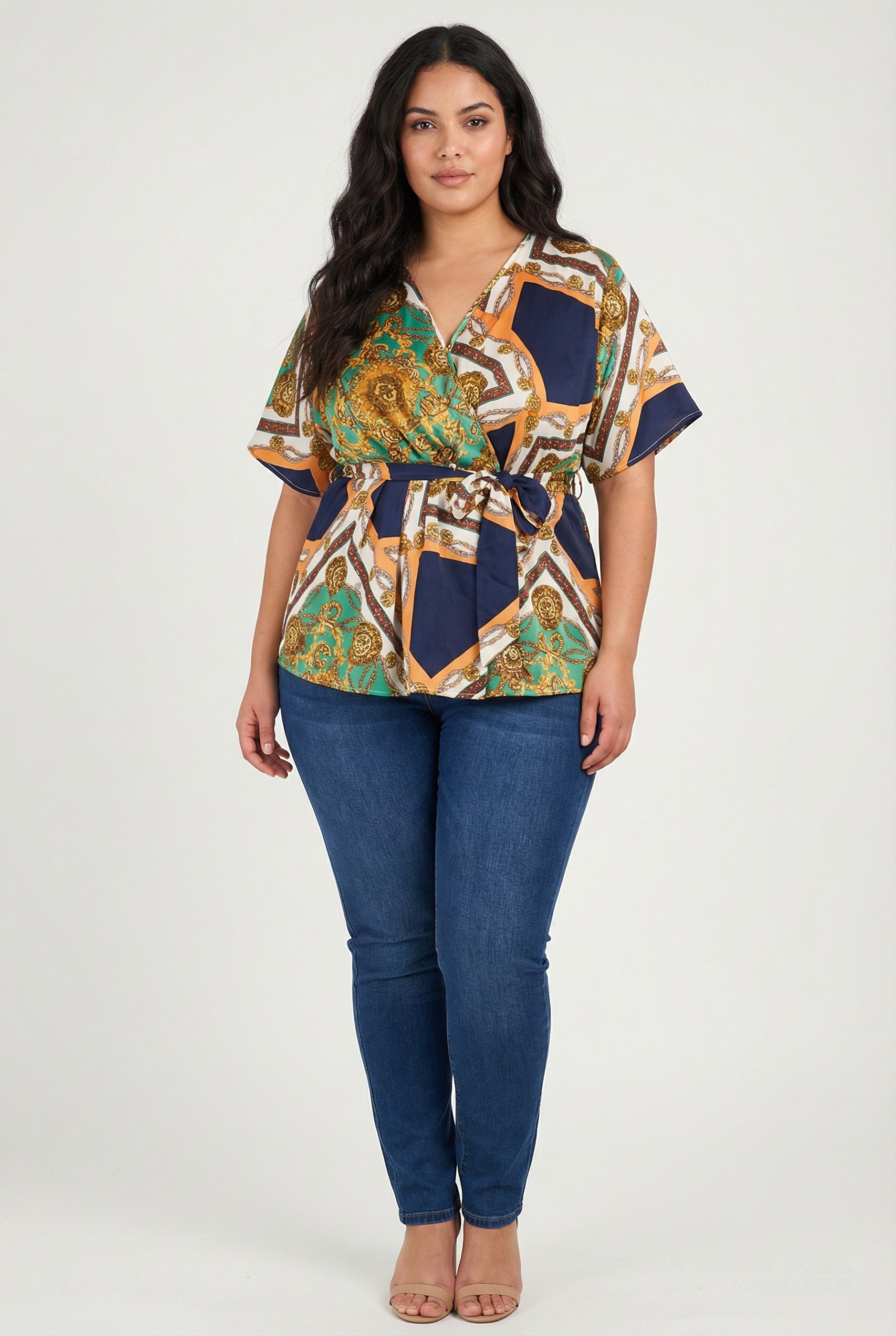 Grossiste Pomme Rouge Paris - Blouse cache cœur grande taille imprimé foulard vert (C6208)