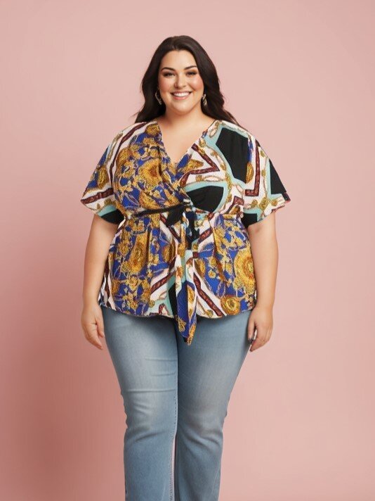 Mayorista Pomme Rouge Paris - Blusa cruzada estampada con pañuelo azul de talla grande (C6208)
